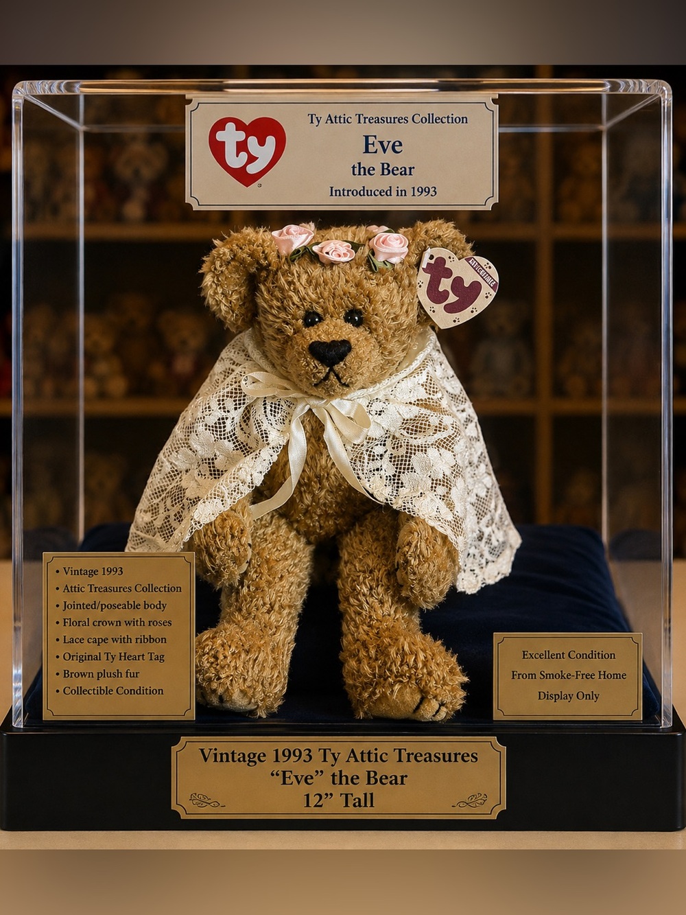Ty Brown Plush Bear with Pink Rose Crown and Lace Cape